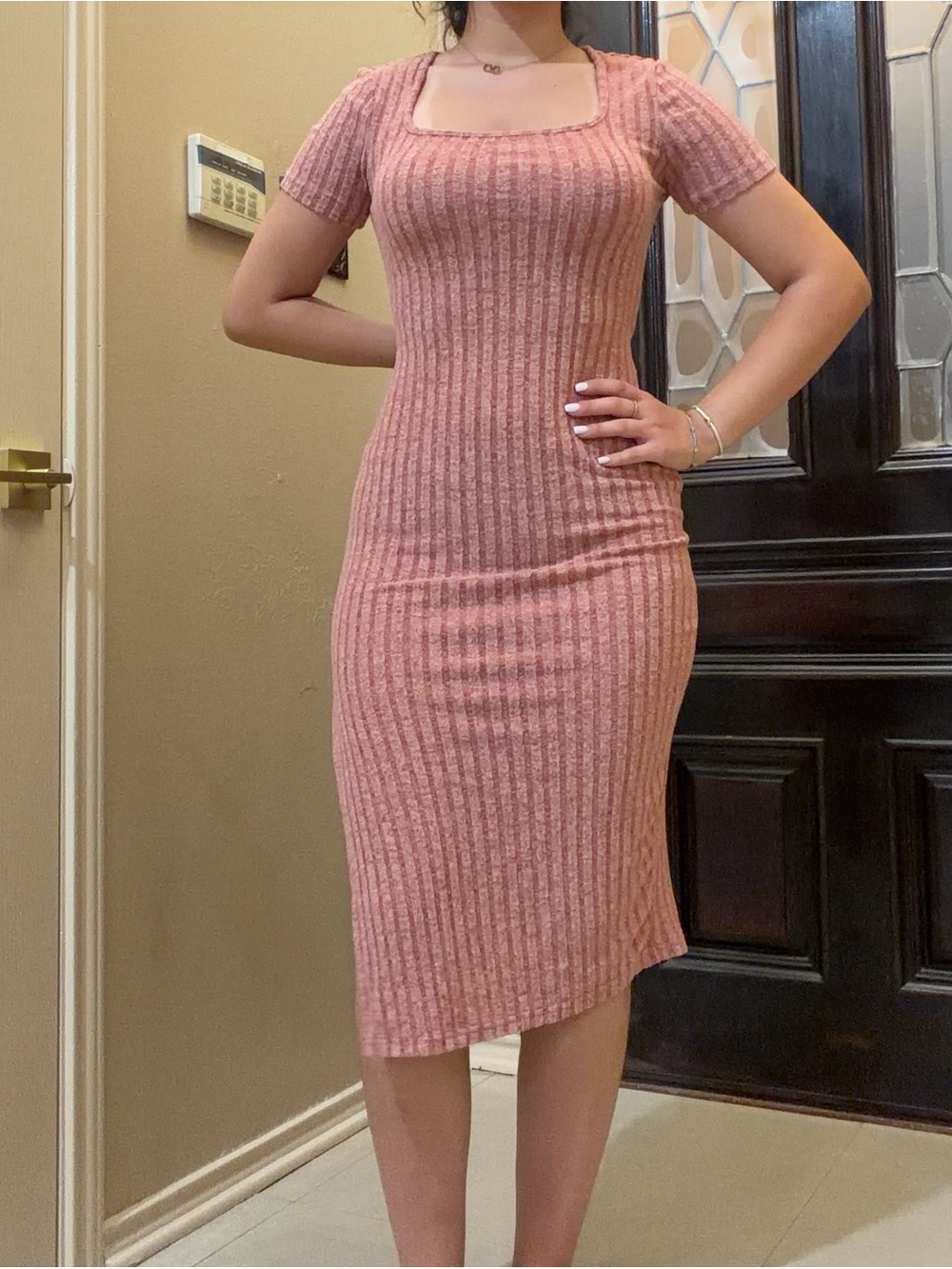 Ribbed Square Neck Midi Dress in Dusty Rose